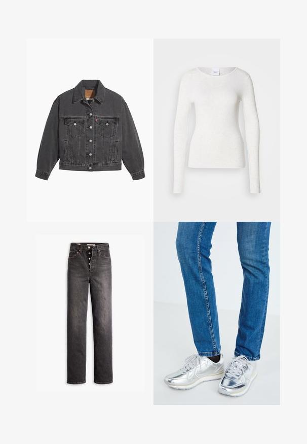 Veste en denim noir avec un col classique, deux poches poitrine, des boutons argentés et une texture légèrement délavée.; T-shirt blanc à manches longues en tissu doux et léger avec un col rond et une coupe ajustée, présentant une texture subtile.; Jean noir taille haute avec une coupe droite, fabriqué en denim. Il comporte un bouton de fermeture, des accents en cuivre et des coutures contrastées.; Baskets métalliques argentées avec une texture lisse, bout rond et semelle en caoutchouc blanche, associées à un jean bleu ajusté avec des coutures discrètes.