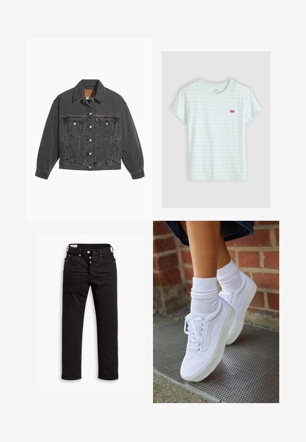 Zwarte spijkerjas met een klassieke kraag, twee borstzakken, zilveren knoopsluitingen en een licht vervaagde structuur.; Witte T-shirt met korte mouwen met lichtgroene horizontale strepen en een klein rood Levi's-logo op de linkerborst.; Zwarte rechtlopende jeans met knoopsluiting, voor- en achterzakken, en koperen klinknagels op een witte achtergrond.; Witte canvas sneakers met rubberen zolen, voorzien van zes vetertjes, een ronde neus en lichte stikdetails, gecombineerd met witte enkelsokken.