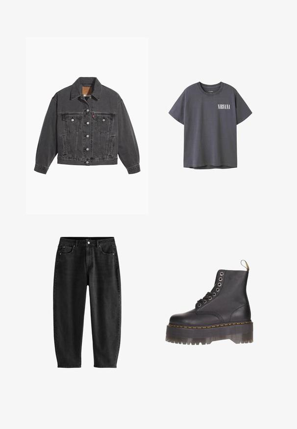 Sort denimjakke med klassisk krave, to brystlommer, sølvfarvede knapper og en let falmet tekstur.; Mørkegrå bomulds t-shirt med korte ærmer og rund hals, med et hvidt "NIRVANA" grafik på venstre brystområde.; Sorte denim jeans med en afslappet pasform, der har et klassisk fem-lomme design, en knaplukning og subtile syningsdetaljer.; Sort læder ankelstøvle med seks-øjet snørering, gul syning og en gennemsigtig platformsål med en takket kant.
