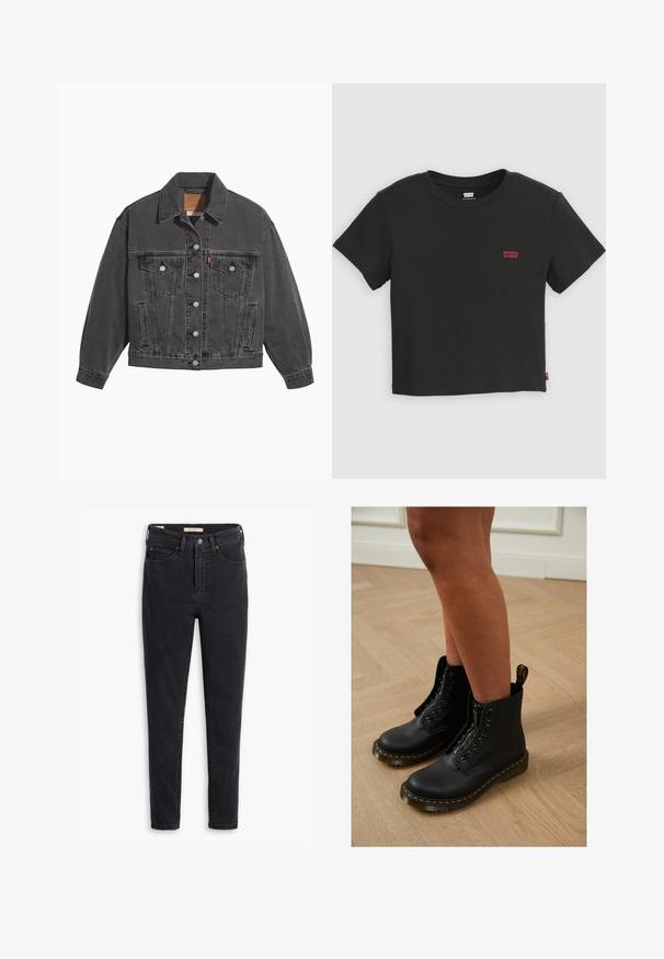 Veste en denim noir avec un col classique, deux poches poitrine, des boutons argentés et une texture légèrement délavée.; T-shirt court noir Levi's à manches courtes avec col rond et petit logo rouge Levi's sur la poitrine gauche.; Jean en denim noir caractérisé par une taille haute, une coupe slim et des détails de couture minimalistes. Le tissu présente une légère texture avec une finition lisse.; Bottines en cuir noir avec fermeture éclair et design à lacets, arborant des coutures jaunes et une semelle épaisse et texturée.