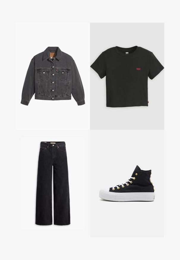 Chaqueta de mezclilla negra con cuello clásico, dos bolsillos en el pecho, cierres con botones plateados y una textura ligeramente desgastada.; Camiseta negra corta Levi's de manga corta con escote redondo y pequeño logo rojo de Levi's en el pecho izquierdo.; Jeans de pierna ancha negros hechos de denim, con cinco bolsillos, remaches de cobre y un cierre clásico de botón. Textura suave con un diseño limpio.; Zapatillas altas negras con suela blanca, ojales dorados y tachuelas decorativas en la parte trasera. Fabricadas en material de lona con un acabado texturizado.