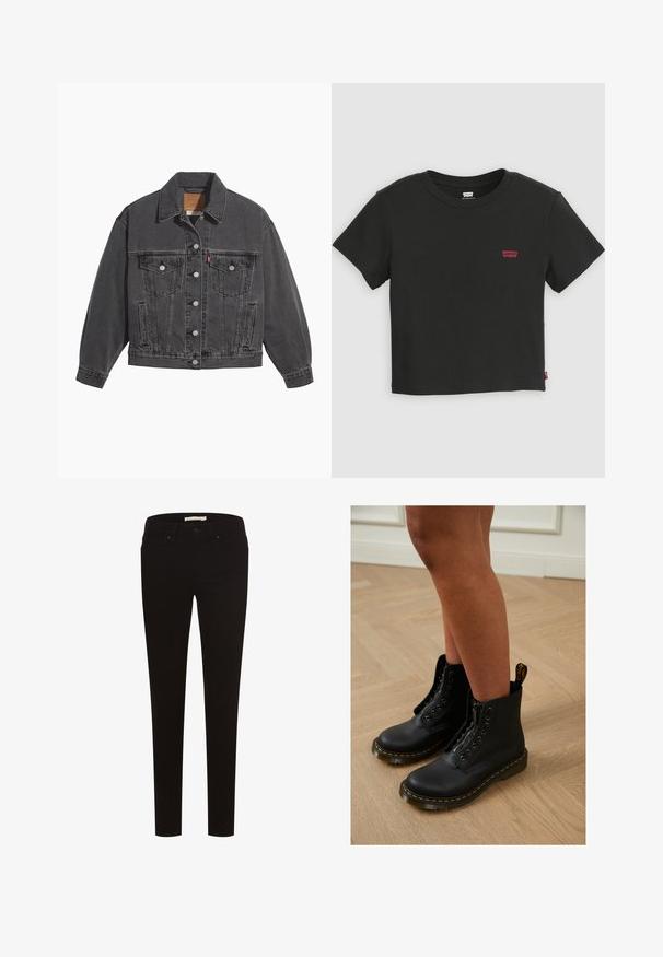 Sort denimjakke med klassisk krave, to brystlommer, sølvfarvede knapper og en let falmet tekstur.; Sort Levi's cropped t-shirt med korte ærmer, rund halsudskæring og lille rødt Levi's-logo på venstre bryst.; Sorte skinny jeans lavet af strækstof, med et klassisk fem-lomme design, knaplukning og bælteløkker. Glat tekstur hele vejen igennem.; Sorte læder ankelstøvler med lynlås og snøredesign, der har gule stikninger og en tyk, struktureret sål.