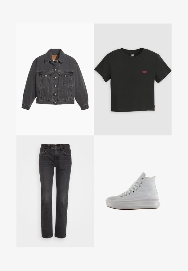 Zwarte spijkerjas met een klassieke kraag, twee borstzakken, zilveren knoopsluitingen en een licht vervaagde structuur.; Zwart Levi's cropped T-shirt met korte mouwen, ronde hals en klein rood Levi's-logo op de linkerborst.; Zwarte denim jeans met een recht model, voorzien van een klassiek vijf-pocket ontwerp, een ritssluiting en contrasterende stiksels langs de naden.; Witte hoge canvas sneaker met witte veters, metalen oogjes, dikke rubberen zool en gestructureerde neuskap, naar links gericht op een witte achtergrond.