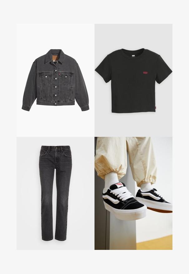 Zwarte spijkerjas met een klassieke kraag, twee borstzakken, zilveren knoopsluitingen en een licht vervaagde structuur.; Zwart Levi's cropped T-shirt met korte mouwen, ronde hals en klein rood Levi's-logo op de linkerborst.; Zwarte denim jeans met een recht model, voorzien van een klassiek vijf-pocket ontwerp, een ritssluiting en contrasterende stiksels langs de naden.; Persoon die zwart-witte Vans sneakers draagt met witte veters, witte sokken en beige broek met elastische manchetten.