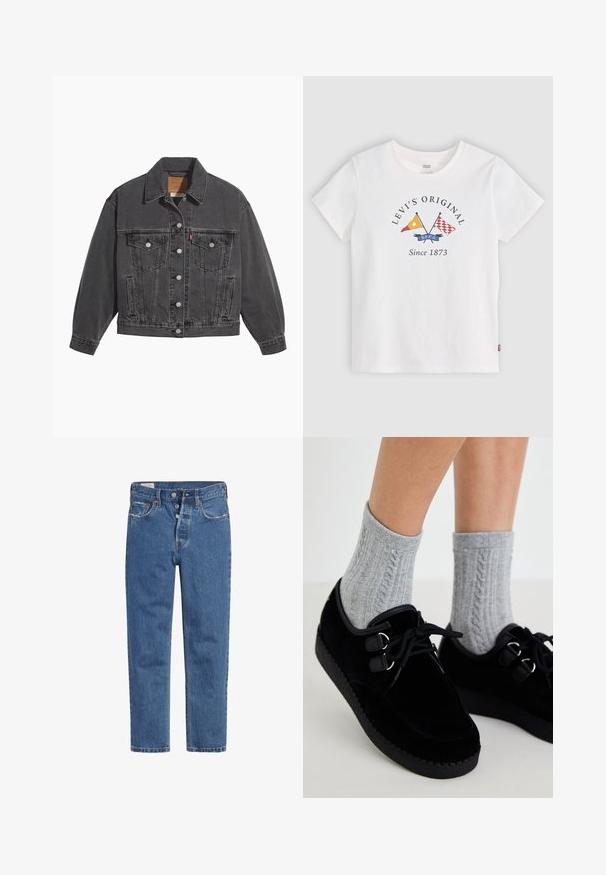 Zwarte spijkerjas met een klassieke kraag, twee borstzakken, zilveren knoopsluitingen en een licht vervaagde structuur.; Wit Levi's T-shirt met korte mouwen, gekruiste gele en rode vlaggen en tekst "Levi's Original Since 1873" voor midden.; Blauwe denim jeans met een high-waisted ontwerp, vijf knopen sluiting en rechte pijpen. De stof heeft een gestructureerde, licht vervaagde afwerking.; Zwarte velvet schoenen met platte zolen, ronde neus en dubbele vetergaatjes. G gedragen met grijze kabelgebreide sokken. Glad textuur en eenvoudig ontwerp.