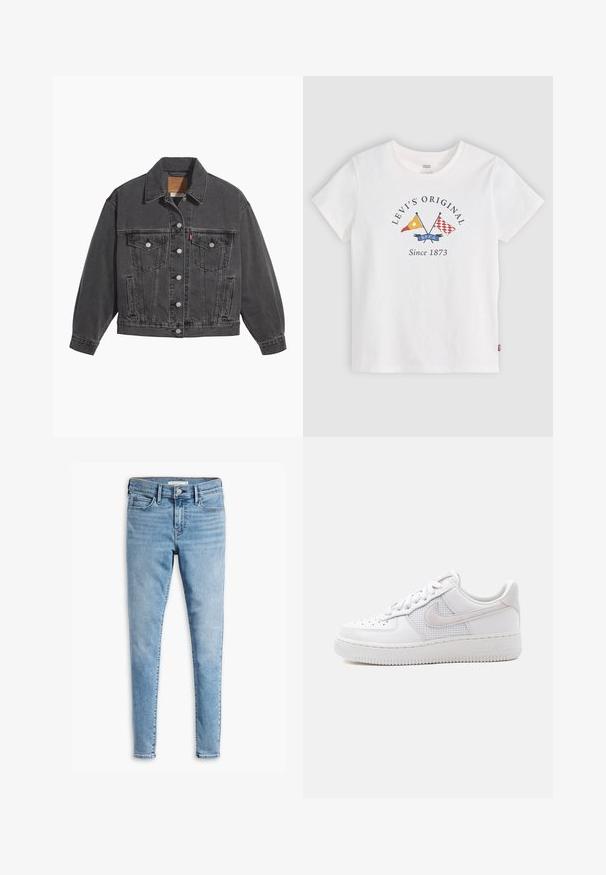 Sort denimjakke med klassisk krave, to brystlommer, sølvfarvede knapper og en let falmet tekstur.; Hvid Levi's T-shirt med korte ærmer med korsede gule og røde flag og teksten "Levi's Original Since 1873" på frontens midte.; Lyseblå super skinny jeans med frontknap og lynlås, bæltestropper og fem lommers design.; Hvid Nike Air Force 1 sneaker med lavt snit, hvide snørebånd, perforeringer på tåboksen og netpanel bag Nike swoosh-logoet.