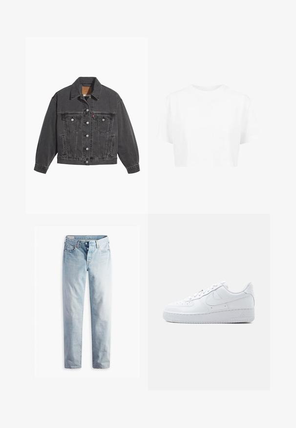 Sort denimjakke med klassisk krave, to brystlommer, sølvfarvede knapper og en let falmet tekstur.; Hvid cropped t-shirt, korte ærmer, rund halsudskæring, lavet af blødt stof, uden synlige mønstre eller distinkt hardware.; Lyseblå denimjeans med lige ben, fem lommer og metal-knapper i en standard livvidde.; Hvid Nike Air Force 1 sneaker med lavt snit, snørelukning, perforeret tåboks og karakteristisk Swoosh-logo på siden.