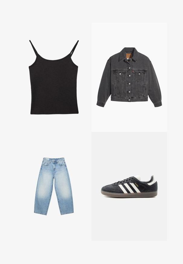 Veste en denim noir avec un col classique, deux poches poitrine, des boutons argentés et une texture légèrement délavée.; Haut caraco en tissu côtelé noir avec fines bretelles doubles et un décolleté droit, posé à plat sur fond blanc.; Jean large taille haute bleu clair avec poches avant, passants pour ceinture et zones décolorées sur les cuisses.; Baskets Adidas Samba noires avec des bandes blanches, semelle en gomme et texte doré "Samba" sur le côté, vues de profil gauche sur fond uni.