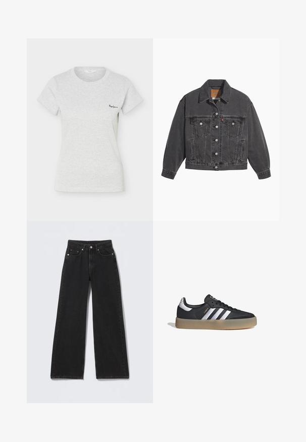 Chaqueta de mezclilla negra con cuello clásico, dos bolsillos en el pecho, cierres con botones plateados y una textura ligeramente desgastada.; Camiseta de manga corta de color gris claro con tejido acanalado, cuello redondo y pequeño logo negro de "Pepe Jeans" en el lado izquierdo del pecho.; Vaqueros negros de tiro alto y pierna ancha con cierre delantero de botón y cremallera, trabillas para cinturón y cinco bolsillos delanteros sobre un fondo claro.; Zapatilla deportiva de cuero negro con tres rayas plateadas, punta texturizada y suela de goma. Cuenta con un collar acolchado y un diseño con cordones.