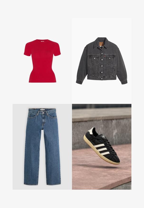Chaqueta de mezclilla negra con cuello clásico, dos bolsillos en el pecho, cierres con botones plateados y una textura ligeramente desgastada.; Camiseta roja de manga corta con diseño ajustado. Fabricada con material suave, cuenta con cuello redondo y bordes sin costuras.; Jeans de mezclilla azul con un diseño de corte recto, que cuentan con cinco bolsillos, un cierre de botón y costuras de contraste a lo largo de las costuras.; Zapatilla negra Adidas con rayas blancas y suela beige, capturada en el aire sobre una superficie de piedra y con fondo de muro de piedra.