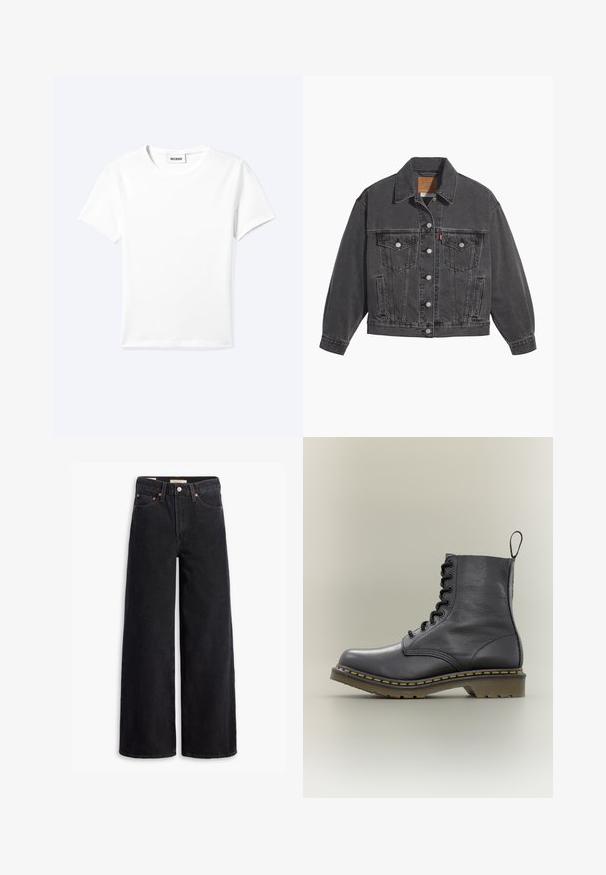 Veste en denim noir avec un col classique, deux poches poitrine, des boutons argentés et une texture légèrement délavée.; T-shirt blanc uni à manches courtes et col rond avec une petite étiquette "WEEKDAY" à l'intérieur de l'encolure, présenté à plat sur un fond clair.; Jean noir à jambe large en denim, comportant cinq poches, des rivets en laiton et une fermeture à bouton classique. Texture lisse avec un design épuré.; Botte de combat en cuir noir avec 8 œillets, semelle en caoutchouc, couture jaune et une languette à l'arrière. Présente une tige texturée.