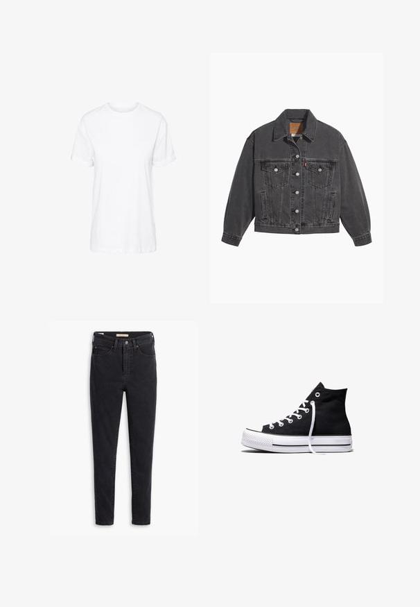 Sort denimjakke med klassisk krave, to brystlommer, sølvfarvede knapper og en let falmet tekstur.; Hvid bomulds t-shirt med korte ærmer, rund hals og en afslappet pasform, med en glat tekstur og uden synlige mønstre.; Sorte denimjeans med høj talje, slank pasform og minimale syninger. Stofmet viser en let tekstur med en glat finish.; Sort high-top canvas sneaker med hvid gummisål og hvide snørebånd, vist fra siden mod en hvid baggrund.