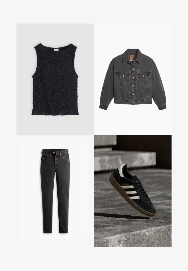 Veste en denim noir avec un col classique, deux poches poitrine, des boutons argentés et une texture légèrement délavée.; Haut noir sans manches avec tissu froncé texturé, encolure ronde et ourlet subtilement volanté.; Jean en denim noir à coupe droite, avec cinq poches, des détails en cuivre et une texture légèrement délavée.; Baskets Adidas noires avec des bandes blanches et une semelle en gomme flottant au-dessus d'escaliers en béton gris sous une lumière naturelle.