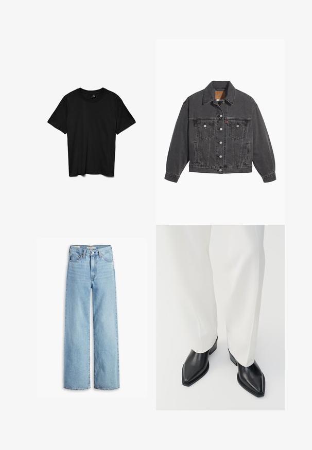 Sort denimjakke med klassisk krave, to brystlommer, sølvfarvede knapper og en let falmet tekstur.; Sort t-shirt med korte ærmer og rund hals, ensfarvet design, lagt fladt på en hvid baggrund.; Højtaljede, lyseblå, vide bukser med knap og lynlås fortil, bæltestropper og fem lomme-stil.; Sorte spidse ankelstøvler med en glat læderoverflade, lave blokhæle, og parret med hvide brede bukser. Enkel og moderne design.