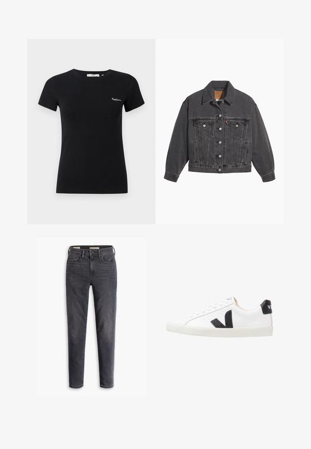 Sort denimjakke med klassisk krave, to brystlommer, sølvfarvede knapper og en let falmet tekstur.; Sort tætsiddende T-shirt med korte ærmer, rund hals og lille hvidt "Pepe Jeans" logo på venstre bryst.; Mørkeblå slim-fit jeans med frontknap og lynlås, fem-lomme stil, vist mod en hvid baggrund.; Hvide sneakers med et sort V-logo, der har en glat læderoverdel, rund tå, snørrelukning og en kontrasterende sort hælflap.