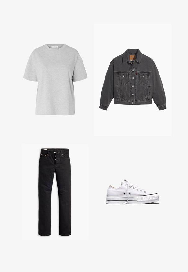 Sort denimjakke med klassisk krave, to brystlommer, sølvfarvede knapper og en let falmet tekstur.; Lysegrå T-shirt med korte ærmer og rund hals, løs pasform og uden synlige mønstre eller logoer.; Sorte denimjeans med lige pasform, fem lomme-design og knaplukning. Har kobbernitter og syningsdetaljer.; Hvid lavtop lærredssneakers med hvide snørebånd, sorte striber på sålen og gummieret tekstureret tåhætte, sidevendt på hvid baggrund.