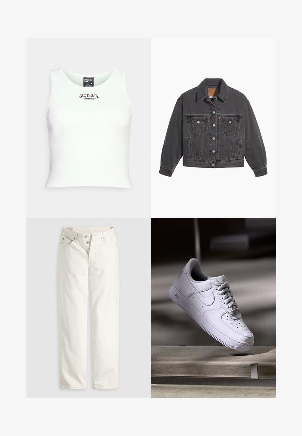 Zwarte spijkerjas met een klassieke kraag, twee borstzakken, zilveren knoopsluitingen en een licht vervaagde structuur.; Witte geribbelde cropped tanktop met een ronde hals en zwart "Von Dutch" logo in het midden. Gemaakt van rekbare katoenmix.; Witte rechte jeans met hoge taille, knoopsluiting, voor- en achterzakken, en zichtbare koperen klinknagels op de hoeken van de zakken.; Witte Nike Air Force 1 sneaker die zweeft boven een betonnen oppervlak met schaduwen in een minimalistische setting.
