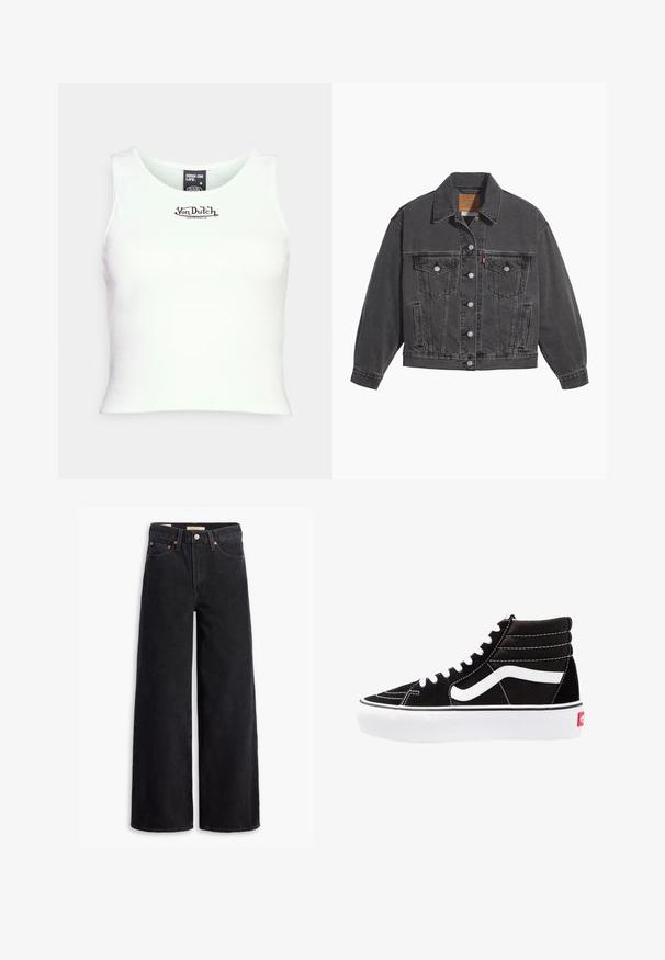 Zwarte spijkerjas met een klassieke kraag, twee borstzakken, zilveren knoopsluitingen en een licht vervaagde structuur.; Witte geribbelde cropped tanktop met een ronde hals en zwart "Von Dutch" logo in het midden. Gemaakt van rekbare katoenmix.; Zwarte brede jeans gemaakt van denim, met vijf zakken, koperen klinknagels en een klassieke knoopsluiting. Glad van textuur met een strakke uitstraling.; Zwarte high-top sneakers met witte veters, een wit logo en contrasterende witte stiksels. Heeft een dikke witte zool en een bovenwerk van gestructureerd suede.