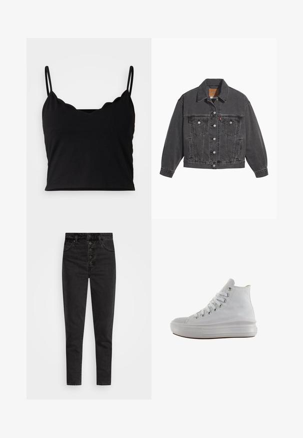 Sort denimjakke med klassisk krave, to brystlommer, sølvfarvede knapper og en let falmet tekstur.; Even&Odd by Zalando Top - black; Højtaljede sorte denimjeans med knaplukning, fem lommer og slim fit. Glat tekstur med minimal falmet og uden udsmykninger.; Hvid højt canvas sneaksko med hvide snørebånd, metaløjer, tyk gummisål og tekstureret tåhætte, vendt mod venstre på en hvid baggrund.