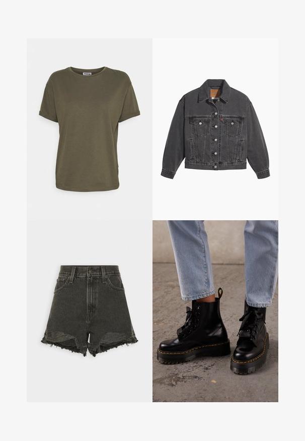 Chaqueta de mezclilla negra con cuello clásico, dos bolsillos en el pecho, cierres con botones plateados y una textura ligeramente desgastada.; Noisy May NMBRANDY - Camiseta básica - kalamata; Shorts de mezclilla negra con dobladillos deshilachados, talle alto, cinco bolsillos y cierre de botón. La textura desgastada añade un interés visual.; Persona que lleva puestos vaqueros azul claro y botas negras de cuero con plataforma y cordones, con costuras amarillas sobre un suelo de hormigón.
