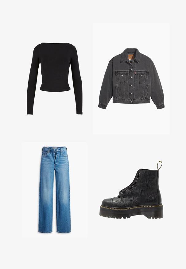 Sort denimjakke med klassisk krave, to brystlommer, sølvfarvede knapper og en let falmet tekstur.; Sort, langærmet crop top lavet af blødt, strækbart stof med et enkelt, tætsiddende design og en bred halsudskæring. Ingen mønstre eller udsmykninger.; Blå denimjeans med høj talje, vidde ben og fem lomme-design. Har en knaplukning og en falmet finish.; Sorte læder ankelstøvler med tekstureret overflade, rund tå, snørebåndsdesign, gule stikninger og en tyk, rillet sort platformsål.