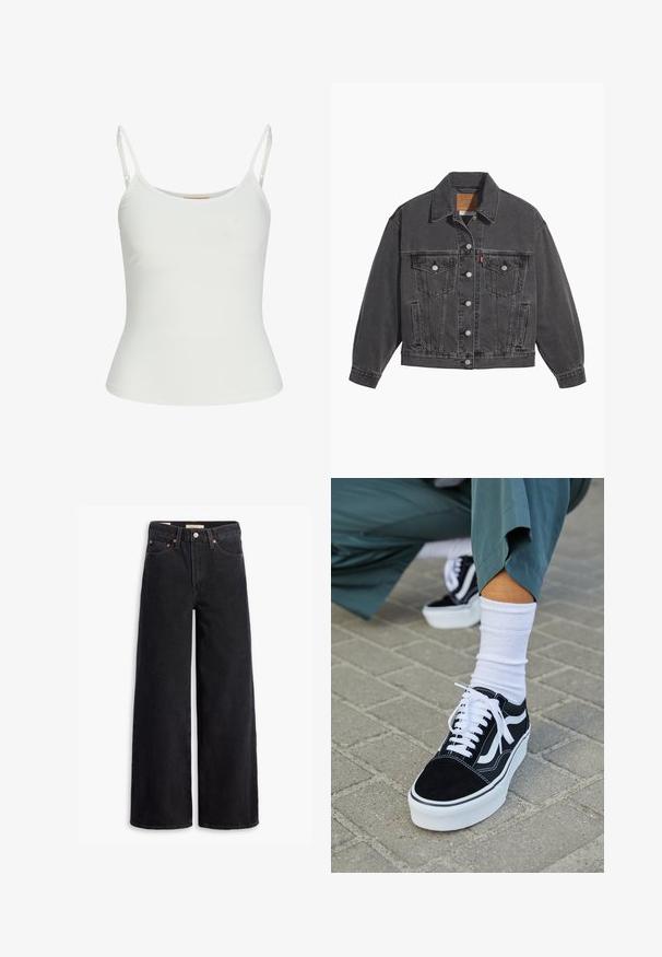 Sort denimjakke med klassisk krave, to brystlommer, sølvfarvede knapper og en let falmet tekstur.; Hvid ærmeløs top med justerbare stropper, tætsiddende design, glat stofstruktur og rund halsudskæring. Ingen mønstre eller hardware detaljer.; Sorte brede benjeans lavet af denim, med fem lommer, kobbernitter og en klassisk knaplukning. Glat tekstur med et rent design.; Sorte ruskinds sneakers med hvide accenter og snørebånd, der har en tyk hvid sål og kontrasterende syninger, parret med en hvid sok.