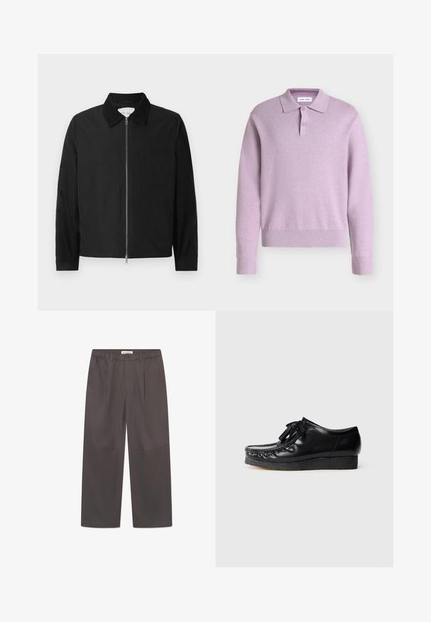 Schwarze Langarm-Jacke mit Reißverschluss und Kragen, einer Brusttasche und zwei Seitentaschen, auf einem weißen Hintergrund präsentiert.; Fliederfarbener langärmliger Strick-Poloshirt mit zwei Knöpfen an der Knopfleiste sowie gerippten Bündchen und Saum vor einfarbigem Hintergrund.; Graue, weite Hosen aus glattem Stoff, mit einem Knopfverschluss und zwei seitlichen Taschen. Einfaches, klares Design ohne sichtbare Muster.; Schwarze Lederschuhe mit einer runden Zehenform, Schnürverschluss und einer strukturierten schwarzen Plateausohle, die dekorative Nähte entlang der Kanten aufweist.