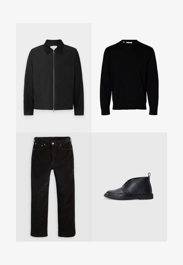 Veste zipée noire à manches longues avec col, une poche poitrine et deux poches latérales, présentée sur un fond blanc.; Pull noir uni à manches longues avec col rond, poignets et ourlet côtelés, présenté sur fond blanc.; Pantalons droits en velours côtelé noir avec bouton avant, fermeture éclair, passants de ceinture et design à cinq poches sur un fond clair.; Botte noire en cuir jusqu'à la cheville avec un laçage à l'avant, bout rond et une languette à l'arrière sur une semelle plate en caoutchouc.