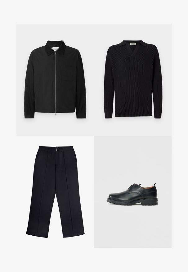Schwarze Langarm-Jacke mit Reißverschluss und Kragen, einer Brusttasche und zwei Seitentaschen, auf einem weißen Hintergrund präsentiert.; Schwarzer, gerippter Strickpullover mit V-Ausschnitt und kurzem Kragen, ausgestattet mit langen Ärmeln und einem zurückhaltenden Design, das eine einzelne Brusttasche beinhaltet.; Schwarze weite Hosen aus glattem Material mit Reißverschluss, Knopfverschluss und Fronttaschen. Auffällige Fältelung entlang jedes Beins.; Schwarze Leder Derby-Schuhe mit glatter Textur, runder Zehenform, Schnürdesign und einer dicken, robusten Gummisohle.