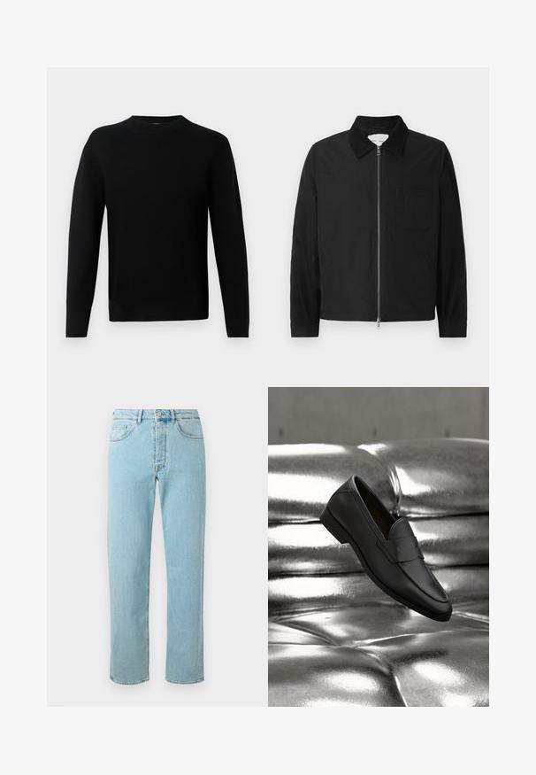 Zwarte lange mouwen ritsjack met kraag, een borstzak en twee zijzakken, weergegeven op een witte achtergrond.; Zwart lange mouwen crew neck trui met een getailleerde silhouette, gemaakt van een soepele breisels, weergegeven op een lichte grijze achtergrond.; Lichtblauwe denim jeans met een rechte pijp, uitgerust met vijf zakken, een ritssluiting en subtiele vervagingen door de stof.; Zwarte leren loafer die boven een glanzende zilveren leren bank met knopen zweeft in een neutrale omgeving.