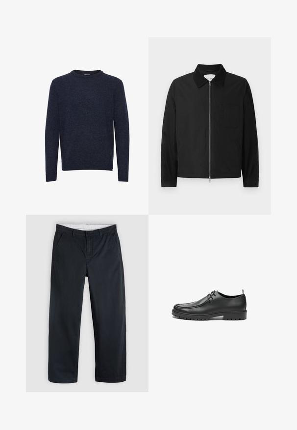 Sort langærmet zip-jakke med krave, en brystlomme og to sidelommer, præsenteret på en hvid baggrund.; Mørkeblå langærmet sweater med rund hals, enkelt design, ingen synlige mønstre eller logoer, vist på hvid baggrund.; Marineblå bukser med lige ben, bæltestropper, sidelommer, knaplukning og lynlås foran på en lysegrå baggrund.; Sorte lædersko med en glat overflade, rund tå og dekorativ stikning. Har en gummisål med skridsikre spor og snørebåndsdesign.