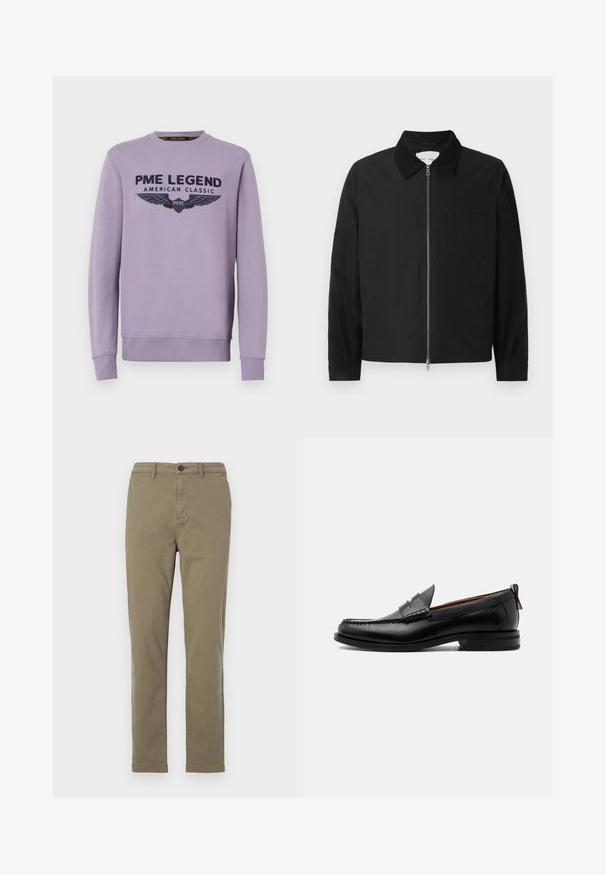 Schwarze Langarm-Jacke mit Reißverschluss und Kragen, einer Brusttasche und zwei Seitentaschen, auf einem weißen Hintergrund präsentiert.; Lila Crewneck-Sweatshirt aus weichem Stoff mit schwarzem Druck auf der Vorderseite "PME LEGEND AMERICAN CLASSIC" und Flügelgrafiken.; Olivengrüne Baumwollchinos mit geradem Bein, vorderem Knopfverschluss und seitlichen Taschen. Glatte Textur und minimale Details.; Schwarzer Leder-Herrenschuh mit Mokassinnaht, Penny-Riemen, strukturiertem Kragen und niedrigem gestapeltem Absatz auf weißem Hintergrund.