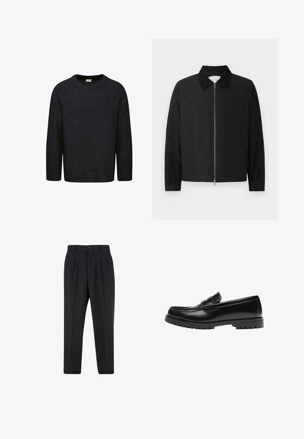 Sort langærmet zip-jakke med krave, en brystlomme og to sidelommer, præsenteret på en hvid baggrund.; Mørkegrå strikket sweater med ribbet struktur, rund hals og lange ærmer. Enkel design uden synlige mønstre eller accenter.; Sorte skræddersyede bukser med forreste læg, bæltestropper og knaplukning i taljen.; Sort læderloafer med en kraftig gummisål og klassiske penny-strap detaljer, vist fra ydersiden.