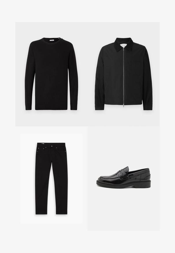 Veste zipée noire à manches longues avec col, une poche poitrine et deux poches latérales, présentée sur un fond blanc.; Pull noir à col rond, manches longues, tissu tricoté, poignets et ourlet côtelés, design minimaliste, texture lisse, sans motifs visibles.; Jean noir à jambe droite avec poches avant et arrière, passants de ceinture, et fermeture à bouton et zip, posé à plat sur un fond blanc.; Mocassins en cuir noir avec une finition lisse, un bout rond, un petit talon et descoutures décoratives à l'avant. Semelle en caoutchouc pour l'adhérence.