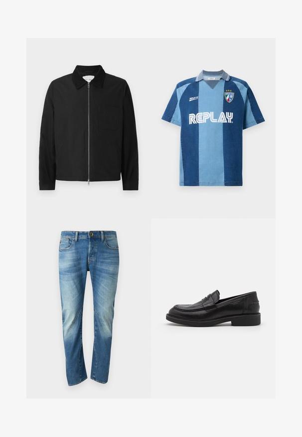 Schwarze Langarm-Jacke mit Reißverschluss und Kragen, einer Brusttasche und zwei Seitentaschen, auf einem weißen Hintergrund präsentiert.; Jeans-inspiriertes Jersey mit kurzen Ärmeln, das ein dunkelblaues und hellblaues gestreiftes Design, einen V-Ausschnitt und das auffällig platzierte "REPLAY"-Logo aufweist.; Blaue ausgewaschene gerade Jeans mit fünf Taschen, Knopfverschluss und sichtbaren Nahtdetails auf der Vorderseite.; Schwarze Lederloafer mit abgerundetem Zeh, farblich abgestimmtem Nähen und einem Riemendetail an der Vorderseite. Gummi-Sohle mit niedrigem Absatz.