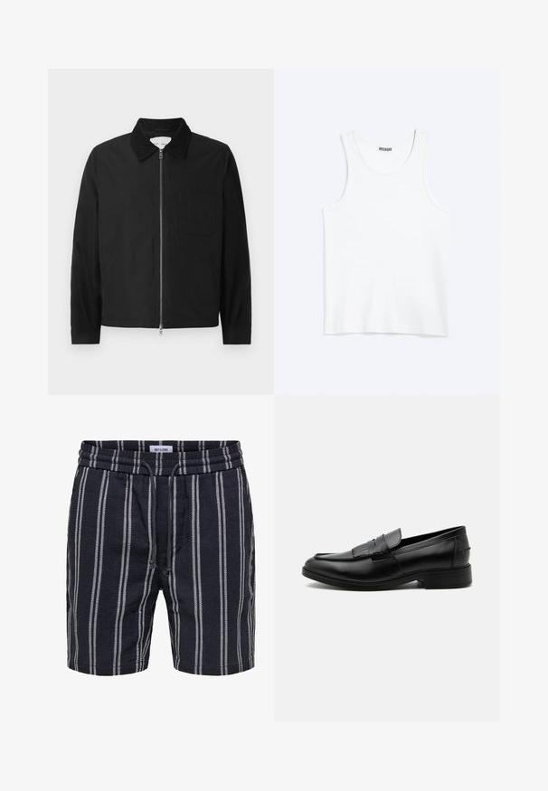 Veste zipée noire à manches longues avec col, une poche poitrine et deux poches latérales, présentée sur un fond blanc.; Débardeur blanc sans manches avec col rond et étiquette de la marque Weekday à l'intérieur du col arrière, présenté à plat sur un fond clair.; Short bleu marine avec des rayures blanches verticales, taille élastique et cordon, fabriqué par Only & Sons.; Mocassin homme en cuir noir avec détail pompon, bout arrondi, talon bas et finition polie lisse, montré de profil sur fond blanc.