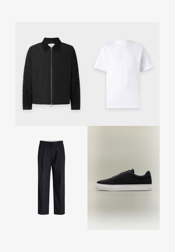 Veste zipée noire à manches longues avec col, une poche poitrine et deux poches latérales, présentée sur un fond blanc.; T-shirt blanc à manches courtes en coton avec un col rond, présentant une texture lisse et un design simple, sans motifs ni accents.; Pantalon noir à jambes droites avec taille, passants de ceinture, fermeture éclair à l'avant et poches latérales, présenté sur fond blanc.; Baskets basses noires avec semelle en caoutchouc blanche, design à lacets et col rembourré, présentées sur un fond gris neutre.