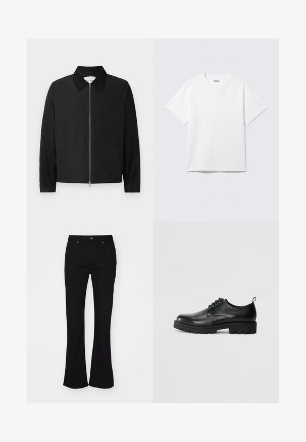 Schwarze Langarm-Jacke mit Reißverschluss und Kragen, einer Brusttasche und zwei Seitentaschen, auf einem weißen Hintergrund präsentiert.; Weißes T-Shirt mit kurzen Ärmeln und Rundhalsausschnitt, flach liegend, schlichtes Design, mit „WEEKDAY“-Etikett innen im Kragen auf hellem Hintergrund.; Schwarze hoch taillierte Schlagjeans mit Knopfverschluss vorne und fünf Taschen, auf einem weißen Hintergrund präsentiert.; Schwarze Lederschuhe mit runder Zehenform, ausgestattet mit einer Schnürung, robustem schwarzen Gummisohle und einer kleinen Fersenschlaufe auf der Rückseite.