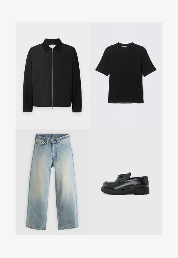 Veste zipée noire à manches longues avec col, une poche poitrine et deux poches latérales, présentée sur un fond blanc.; T-shirt noir à manches courtes avec col rond, portant une étiquette "WEEKDAY" à l'intérieur du col, présenté à plat sur un fond clair.; Jean denim bleu clair à jambes larges avec une finition délavée. Comprend un design standard à cinq poches et une fermeture à bouton métallique.; Mocassin en cuir noir avec pampilles, semelle épaisse en caoutchouc et talon bas, présenté de profil sur un fond uni.