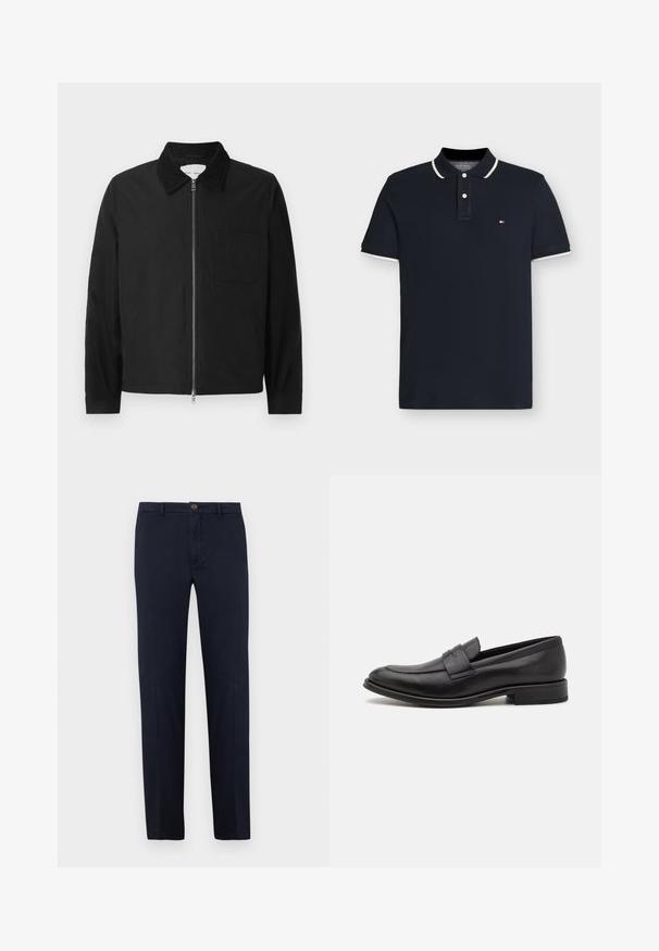 Schwarze Langarm-Jacke mit Reißverschluss und Kragen, einer Brusttasche und zwei Seitentaschen, auf einem weißen Hintergrund präsentiert.; Marineblaues kurzärmeliges Poloshirt mit weißem Besatz an Kragen und Ärmeln, zwei weißen Knöpfen und kleinem rot-weiß-blauem Logo auf der linken Brust.; Marineblaue Baumwollhose mit geradem Bein, Frontreißverschluss und Ein-Knopf-Verschluss. Glatte Textur ohne sichtbare Muster.; Schwarze Lederloafer mit glatter Oberfläche, einem dekorativen Riemen über dem Obermaterial, runder Zehenpartie und einem niedrigen, gestapelten Absatz.
