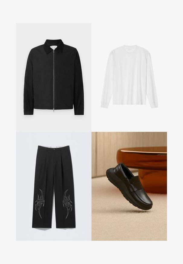Veste zipée noire à manches longues avec col, une poche poitrine et deux poches latérales, présentée sur un fond blanc.; T-shirt blanc en coton à manches longues avec col rond, doté de poignets côtelés et d'un ourlet droit, texture lisse et design minimaliste.; Pantalon large noir sur mesure avec broderie argentée en forme de flammes sur les jambes inférieures, présentant un devant plat et un design plissé.; Mocassin en cuir noir avec une semelle épaisse, présenté au-dessus d'un tapis beige et près d'une base de table ronde couleur ambre.