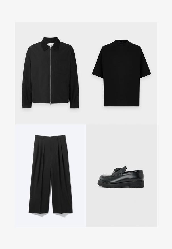Veste zipée noire à manches longues avec col, une poche poitrine et deux poches latérales, présentée sur un fond blanc.; T-shirt noir à manches courtes avec col rond et coupe ample sur fond blanc uni.; Pantalon noir à jambes larges avec plis sur le devant, passants pour ceinture et fermeture à bouton, présenté sur un fond clair uni.; Mocassin en cuir noir avec pampilles, semelle épaisse en caoutchouc et talon bas, présenté de profil sur un fond uni.