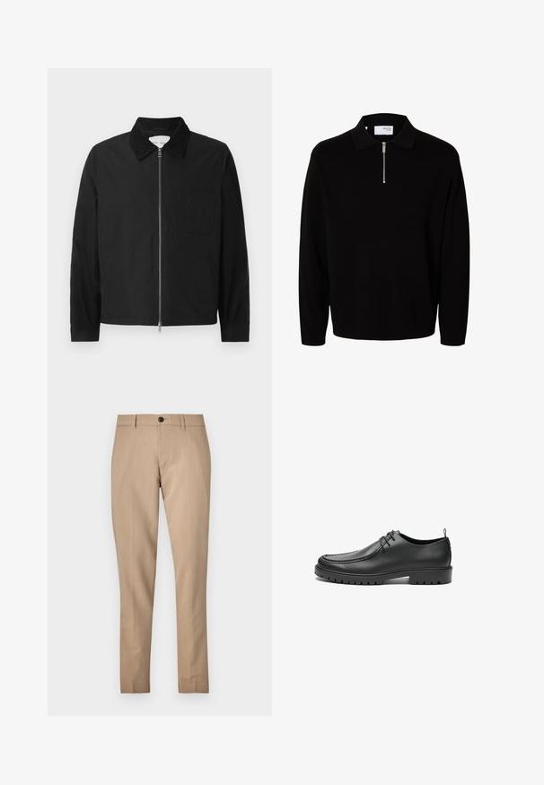 Schwarze Langarm-Jacke mit Reißverschluss und Kragen, einer Brusttasche und zwei Seitentaschen, auf einem weißen Hintergrund präsentiert.; Schwarzer langärmliger Strickpullover mit Kragen und kurzem Frontreißverschluss, entworfen für Männer.; Beige maßgeschneiderte Hose aus einem glatten Stoff, mit Knopfverschluss, Gürtelschlaufen und schmalem Schnitt mit geradem Bein.; Schwarze Lederschuhe mit glatter Oberfläche, runder Zehenform und dekorativer Naht. Mit einer Gummisohle mit Traktionsrillen und Schnürdesign.