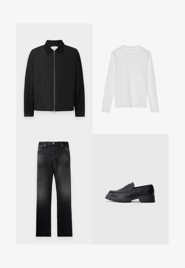 Veste zipée noire à manches longues avec col, une poche poitrine et deux poches latérales, présentée sur un fond blanc.; T-shirt blanc à manches longues en coton doux, avec un col rond et une texture lisse sans motifs ni accents visibles.; Jean en denim noir avec une coupe droite, présentant un effet dégradé usé, un design à cinq poches et des accents en métal.; Mocassins en cuir noir avec un bout arrondi, présentant une sangle décorative et une semelle en caoutchouc épaisse avec de profonds crampons pour une meilleure adhérence.