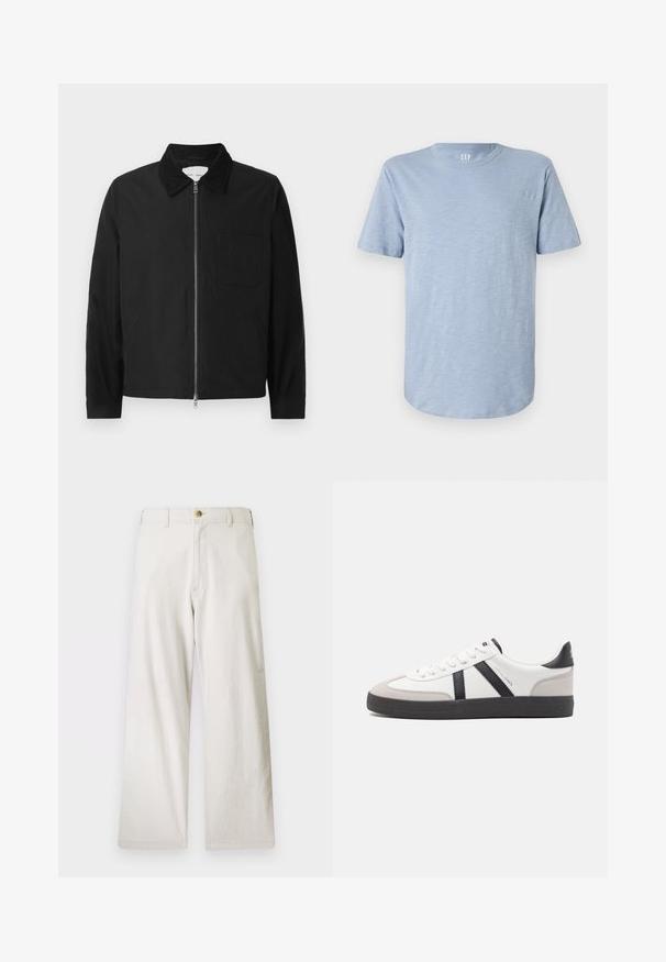 Chaqueta negra de manga larga con cremallera y collar, con un bolsillo en el pecho y dos bolsillos laterales, exhibida sobre un fondo blanco.; Camiseta de manga corta de color azul claro hecha de una tela suave, con un escote redondo y un dobladillo recto con una textura sutil.; Pantalones de pierna ancha beige fabricados en algodón, con cremallera y cierre de un botón. Cuenta con bolsillos frontales y un acabado de tela texturizada.; Zapatilla blanca con acentos en negro y gris, que presenta una puntera texturizada en gris, suela de goma negra y cordones planos blancos. Diseño limpio, estilo minimalista.