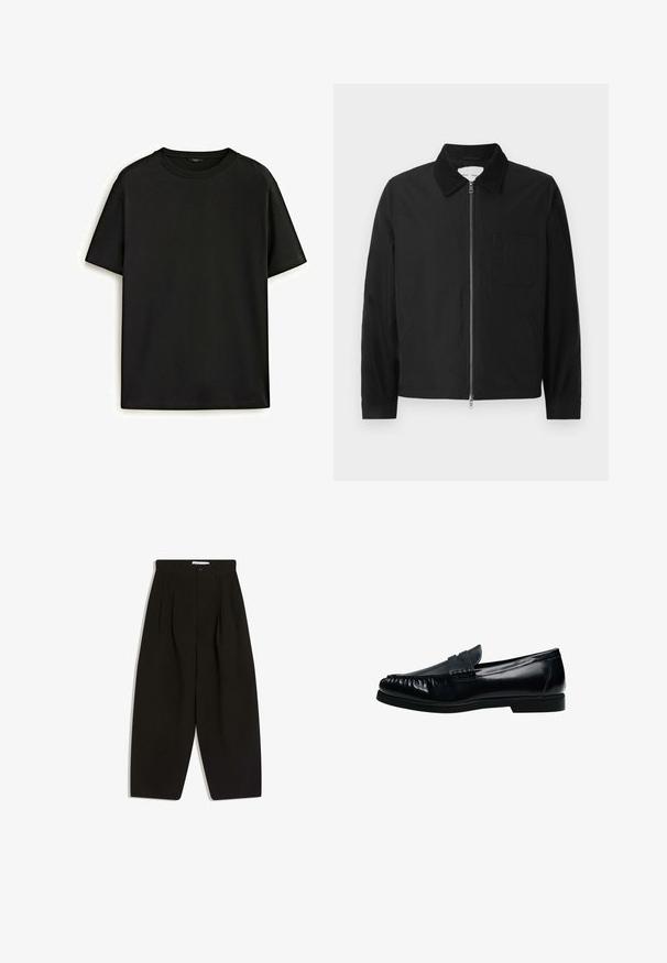Schwarze Langarm-Jacke mit Reißverschluss und Kragen, einer Brusttasche und zwei Seitentaschen, auf einem weißen Hintergrund präsentiert.; Schwarzes Baumwoll-T-Shirt mit klassischem Rundhalsausschnitt, kurzen Ärmeln und lockerer Passform. Glatte Textur, keine Muster oder Verzierungen.; Schwarze, weit geschnittene Hosen aus weichem Stoff, mit plissiertem Vorderteil, Knopfverschluss und Seitentaschen für zusätzliche Funktionalität.; Schwarzer Herren-Pennyloafer aus Leder mit genähter Mokassinnaht und niedrigem Absatz, seitlich auf weißem Hintergrund dargestellt.