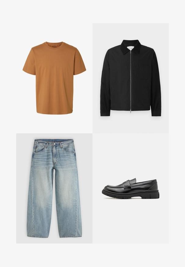 Sort langærmet zip-jakke med krave, en brystlomme og to sidelommer, præsenteret på en hvid baggrund.; Enkelt brun kortærmet bomulds-T-shirt med rund hals og almindelig pasform, mærket "Selected Homme" inde i kraven.; Lyseblå viddebenede cowboybukser med forlommer, bæltestropper, knaplukning og subtil falmning på lårene mod en ensfarvet baggrund.; Sort læder loafersko med en bred rem over forfoden, gummisål med tykke mønstre og glat overflade. Klassisk, slankt design.