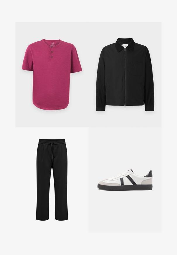 Schwarze Langarm-Jacke mit Reißverschluss und Kragen, einer Brusttasche und zwei Seitentaschen, auf einem weißen Hintergrund präsentiert.; Kurzarm-Henley-Shirt in einem lebhaften Magenta-Ton. Mit Rundhalsausschnitt, Drei-Knopf-Leiste und leicht abgerundetem Saum. Weiche Textur.; Schwarze Freizeithose mit elastischem Bund und Kordelzug, gerade geschnittene Beine und vordere Abnäher.; Weiße Sneaker mit schwarz- und grau-aczenten, ausgestattet mit einer strukturierten grauen Zehenkappe, schwarzer Gummi-Sohle und flachen weißen Schnürsenkeln. Sauberes Design, minimalistische Stil.