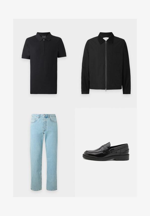 Chaqueta negra de manga larga con cremallera y collar, con un bolsillo en el pecho y dos bolsillos laterales, exhibida sobre un fondo blanco.; Polo negro de manga corta con cuello con cremallera, hecho de una tela suave, que presenta un diseño clásico y un ajuste entallado.; Jeans de mezclilla azul claro con corte recto, que cuentan con cinco bolsillos, cremallera y un ligero desgaste en toda la tela.; Mocasines de cuero negro con un acabado suave, punta redondeada, tacón bajo y costura decorativa en la parte delantera. Suela de goma para mayor agarre.
