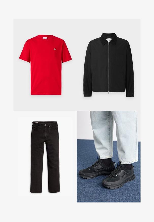 Chaqueta negra de manga larga con cremallera y collar, con un bolsillo en el pecho y dos bolsillos laterales, exhibida sobre un fondo blanco.; Camiseta de algodón roja con mangas cortas, cuello redondo y un pequeño logo de cocodrilo verde en el lado izquierdo del pecho. Textura suave, corte casual.; Vaqueros de mezclilla negros de pierna recta con cinco bolsillos, cierre de botón y trabillas para cinturón, dispuestos sobre un fondo blanco.; Zapatillas deportivas negras con tejido texturizado y suelas de goma, con cordones elásticos y un acento azul en el talón. Combinadas con pantalones de mezclilla claros.